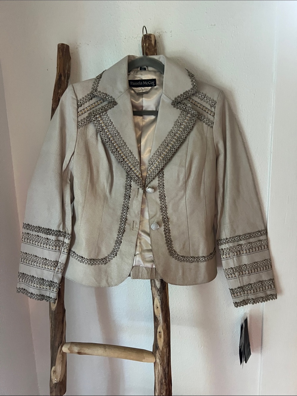 Pamela McCoy Deadstock Silver Embellished Perforated Leather Tailored Blazer XS